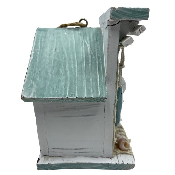 Wooden Coastal-Themed Birdhouse With Nautical Rope Seashell & Fish Decor Rustic - Picture 3 of 10